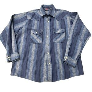Vtg Dakota Pearl Snap Flannel‎ Shirt Mens L Blue Striped Western Rodeo USA